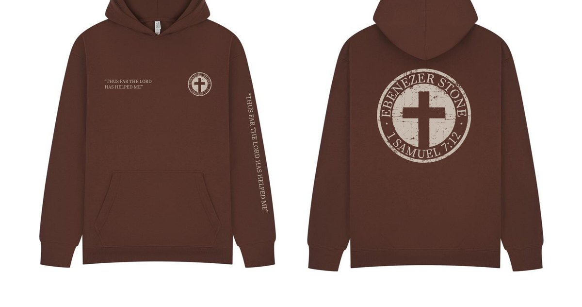 Brown Ebenezer Stone hoodie, front and back